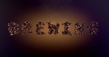 Brewing word or phrase made with coffee beans animation. Text inscription on brown background video