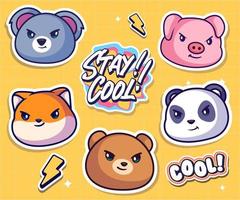 Cute cartoon character sticker pack. Vector comic illustration of panda, bear, pig, koala, shiba inu, on separate layers.