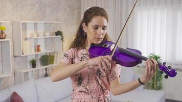 musicista donna giocando il violino a casa. violinista, musica insegnante. musicista donna giocando il violino a casa, praticando, preparazione per il palcoscenico. video
