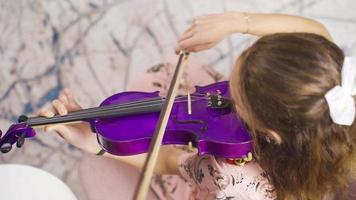 elegante donna giocando il violino nel il vivente camera a casa riposa sua anima. talentuoso musicista donna giocando sua violino a casa. musica è cibo per il anima. video