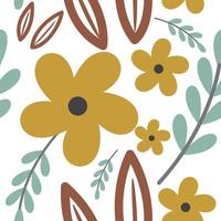 seamless pattern with abstract wild flowers, leaves and branches on white background. vector