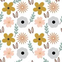 seamless pattern with abstract wild flowers, leaves and branches on white background. vector