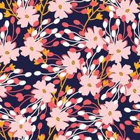 seamless pattern with abstract wild flowers, leaves and branches on white background. vector