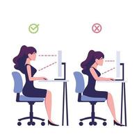 Correct good position vs bad incorrect posture for sitting at computer desk flat style illustration vector