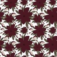 Seamless repeat pattern with flowers and leaves. Dark red flower on white background. vector