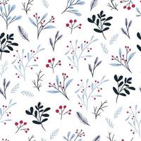 Winter botany seamless pattern, flat vector illustration on white background. Various plants with leaves and red berries. Christmas gift wrapping paper.