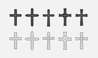 Christian cross set. Line icon symbols of church. Catholic, orthodox and cross crucifix. Vector illustration