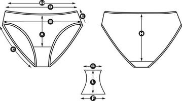 Women's classic briefs. Measurements for tailoring and selling linen. Back view and front view and gusset. Vector drawing. Isolate.