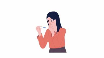 Animated lady holding pregnancy test. Feeling relief. Checking pregnancy at home. Flat character animation on white background with alpha channel transparency. Color cartoon style 4K video footage