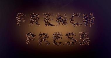 FRENCH PRESS word or phrase made with coffee beans animation. Text inscription on brown background video