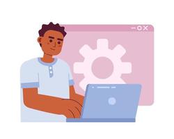 Web developer job flat concept vector spot illustration. Editable 2D cartoon character on white for web design. Website development. Man working on laptop creative idea for website, mobile, magazine