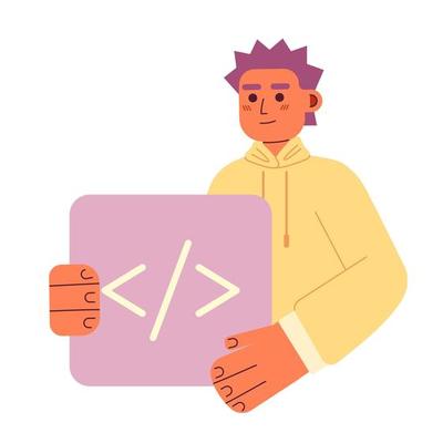 Computer coder job flat concept vector spot illustration. Editable 2D cartoon character on white for web design. Programmer. Software developer creative idea for website, mobile, magazine