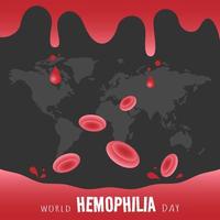 World Hemophilia Day greeting with blood drops and platelets scattered on world map background vector