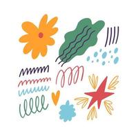 Colorful abstract shape elements set. Line and flower objects. Vector illustration.