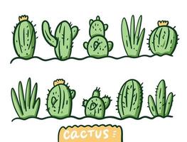 Green cactus in the soil. Vector illustration in cartoon style. Isolated on white background.