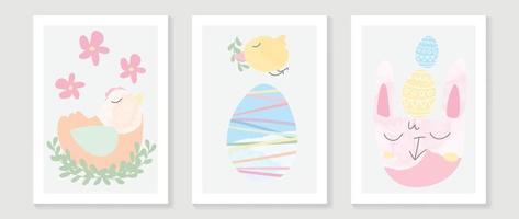 Cute comic easter wall art vector set. Collection of adorable hand painted watercolor chicken, easter egg, rabbit. Design for nursery wall art in doodle style, baby, kids poster, card, invitation.