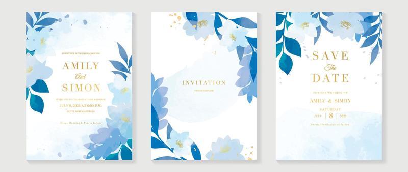 Luxury wedding invitation card background vector. Watercolor blue botanical flowers and leaf branch with golden ink splatter texture. Design illustration for wedding and vip cover template, banner.
