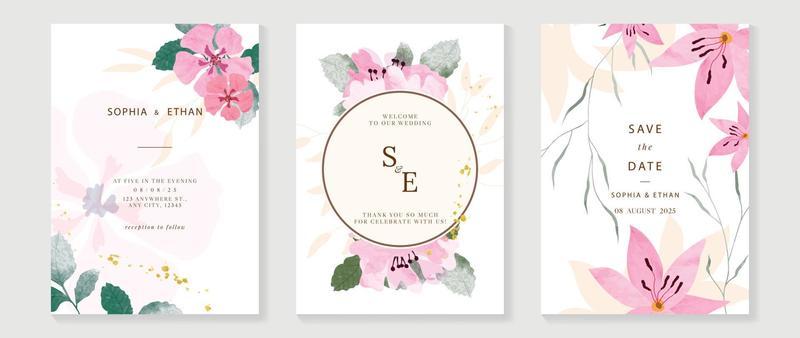 Luxury wedding invitation card background vector. Watercolor botanical flowers, geometric circle frame and gold ink splatter texture. Design illustration for wedding and vip cover template, banner.
