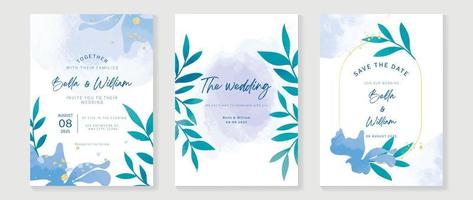 Luxury wedding invitation card background vector. Botanical floral leaf branch with blue theme watercolor texture, gold ink splatter. Design illustration for wedding and vip cover template, banner. vector