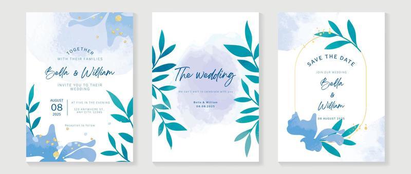Luxury wedding invitation card background vector. Botanical floral leaf branch with blue theme watercolor texture, gold ink splatter. Design illustration for wedding and vip cover template, banner.