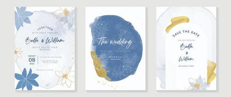 Luxury wedding invitation card background vector. Hand drawn flowers with blue theme watercolor and gold glitter brush stroke texture. Design illustration for wedding and vip cover template, banner. vector