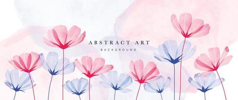 Abstract floral art background vector. Watercolor flowers with line art and blue flowers, pink flowers. Art design illustration for wallpaper, poster, banner card, print, web and packaging. vector