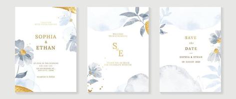 Luxury wedding invitation card background vector. Watercolor floral leaf branch with golden foil brush paint and ink splatter texture. Design illustration for wedding and vip cover template, banner. vector
