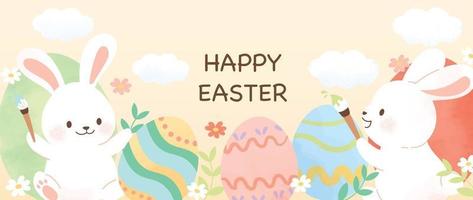 Happy Easter watercolor background vector. Hand drawn fluffy cute white rabbits painting easter eggs, flowers and leaf branch. Adorable doodle design for decorative, card, kids, banner, poster. vector