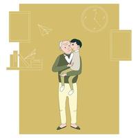 Grandfather With Grandson. Funny Old Man With Walking Cane And With Boy. Colorful Cartoon Vector