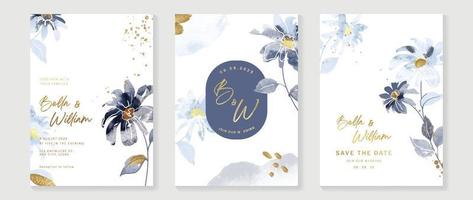 Luxury wedding invitation card background vector. Hand drawn flowers with blue theme watercolor, gold ink brush paint splatter texture. Design illustration for wedding and vip cover template, banner. vector