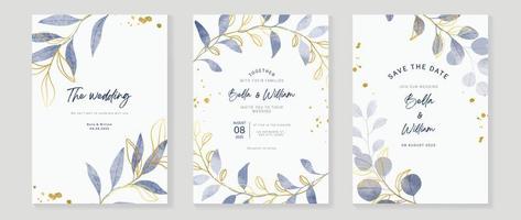 Luxury wedding invitation card background vector. Hand drawn leaf branch in blue watercolor and gold line art, ink splatter texture. Design illustration for wedding and vip cover template, banner. vector