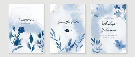 Luxury wedding invitation card background vector. Hand drawn leaf branch in blue theme watercolor and gold glitter ink splatter texture. Design illustration for wedding and vip cover template, banner. vector