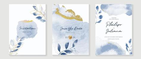 Luxury wedding invitation card background vector. Hand drawn leaf branch in blue theme watercolor and gold glitter brush stroke texture. Design illustration for wedding and vip cover template, banner. vector