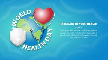 World health day background with the earth and a love shape with a stethoscope and shield vector