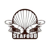 seafood logo design with shell and shrimp drawing vector