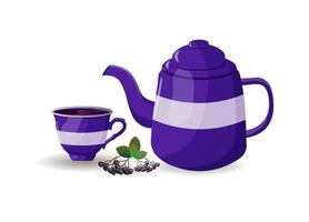 Teapot and cup with currant branch in cartoon style vector