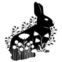 stencil rabbit sits in profile in the grass and flowers vector