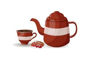 Teapot and cup with rowan branch in cartoon style vector