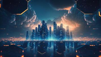 Vibrant and Nostalgic futuristic hexagon cityscape with . photo