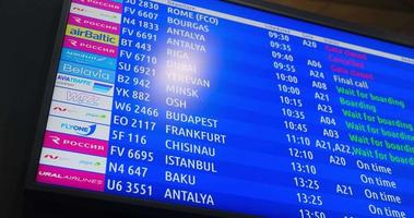 Digital board with information about boarding and flights at the airport. Flight schedule video