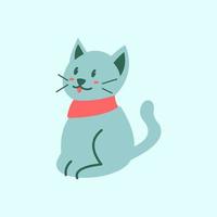 A blue cat with a red collar sits on a light blue background. vector