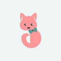 A pink cat with a bow tie sits on a white background. vector