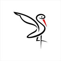 A bird with a red beak and a black and white tail is drawn in a black line. vector