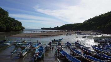 baron strand in Gunung kidul, Indonesië met bezoeker en traditioneel boot. video