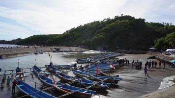 baron plage dans gunung Kidul, Indonésie avec visiteur et traditionnel bateau. video