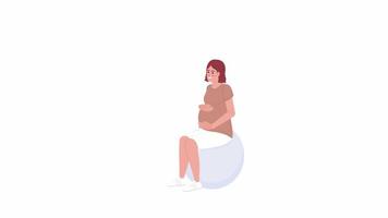 Animated expectant bouncing on ball. Smiling woman hugging belly and exercising. Flat character animation on white background with alpha channel transparency. Color cartoon style 4K video footage