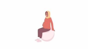 Animated pregnant on fitness ball. Happy woman preparing for easy delivery. Flat character animation on white background with alpha channel transparency. Color cartoon style 4K video footage