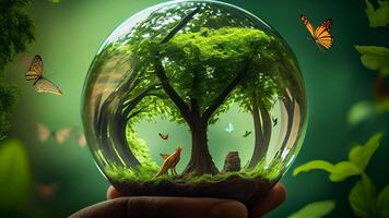Holding a tree in a ball, Ecology and Environment concept with . photo