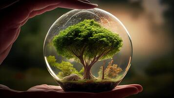 Holding a tree in a ball, Ecology and Environment concept with . photo