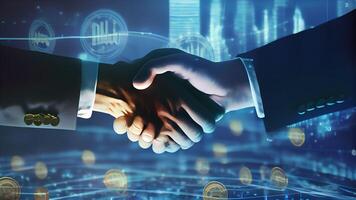 Business people shaking hands and city night background, teamwork and partnership concept with . photo